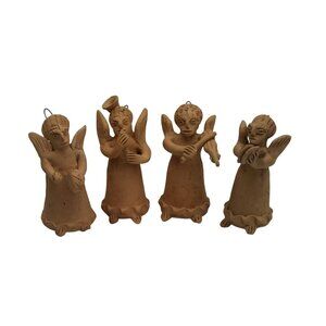 4 Handmade Mexican Terracotta Angel Ornament Figurine Set Musician Angels